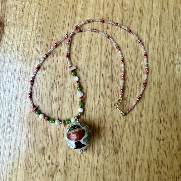 Artisan Crafted Jewelry - Vintage Pendant Necklace 16 Inch‎ Cloisonne Porcelain Glass Shell Beads Multi